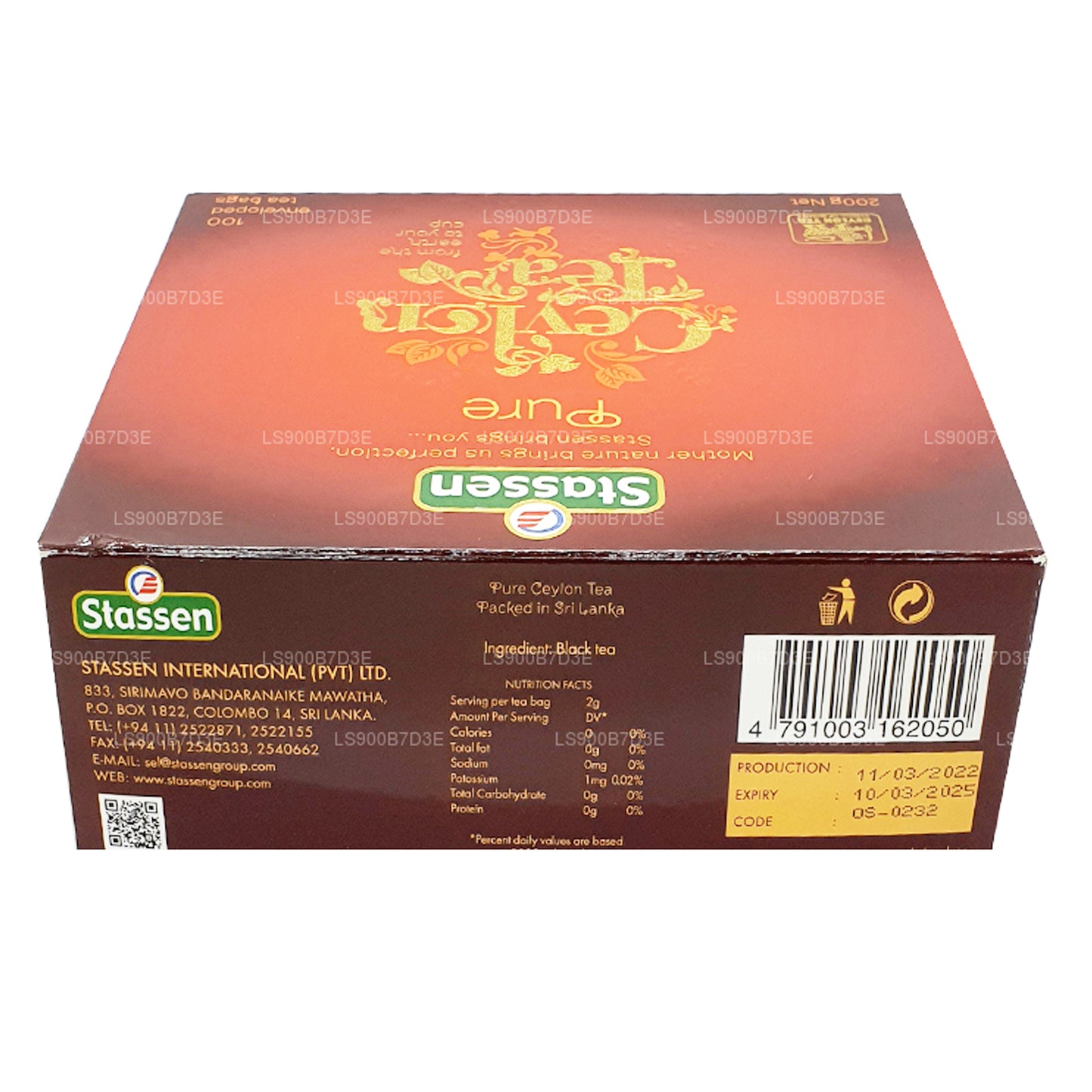 Stassen Saf Seylan Siyah Çay (200g) 100 Çay Poşetleri