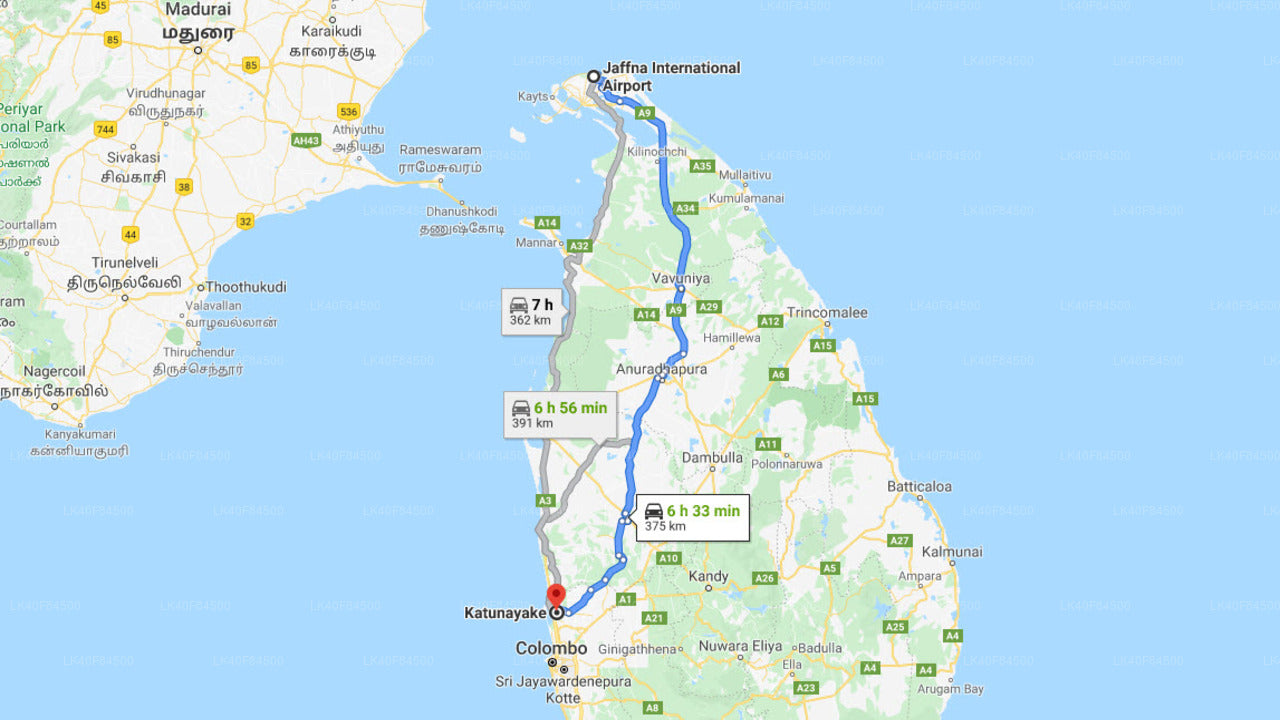 Jaffna (JAF) Airport to Katunayake City Private Transfer