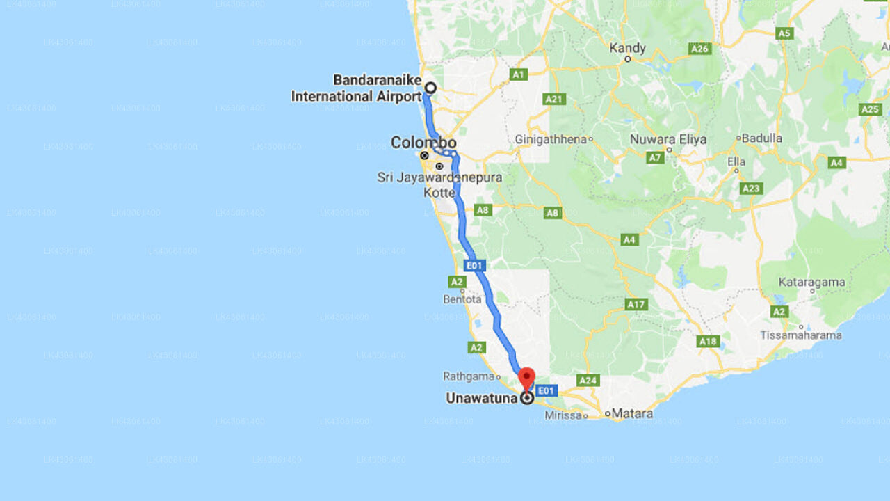 Transfer between Colombo Airport (CMB) and Unawatuna Beach Bungalow Hotel, Unawatuna