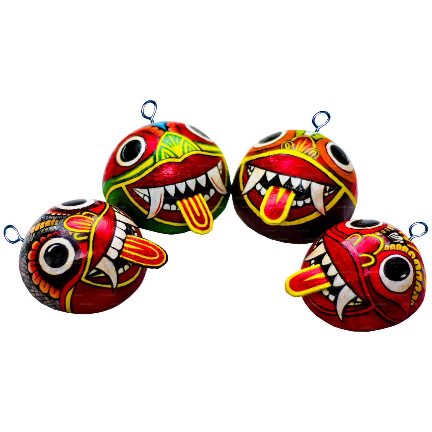 Hindistan Cevizi Kabukları Üzerine Boyalı Sri Lanka Geleneksel Raksha Maskeleri (Mayura, Maru, Agni, Naga) (4'lü Paket)