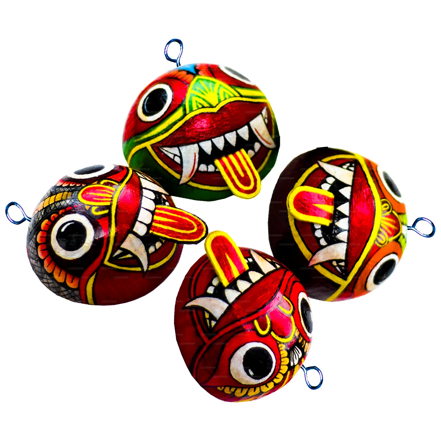 Hindistan Cevizi Kabukları Üzerine Boyalı Sri Lanka Geleneksel Raksha Maskeleri (Mayura, Maru, Agni, Naga) (4'lü Paket)