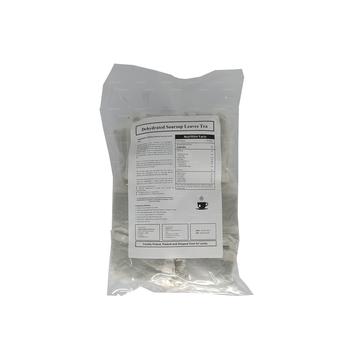 Lakpura Kurutulmuş Soursop (Guanabana, Graviola, Guyabano) Çay Poşetleri