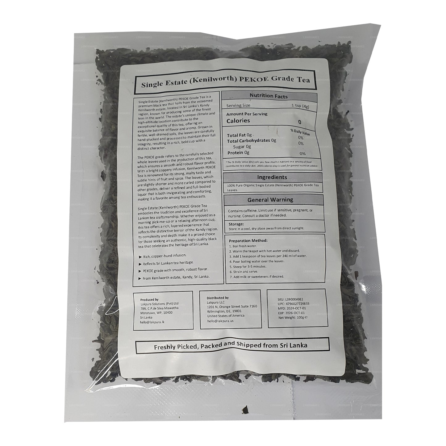 Lakpura Tek Emlak (Kenilworth) PEKOE Sınıfı Seylan Siyah Çay (100g)