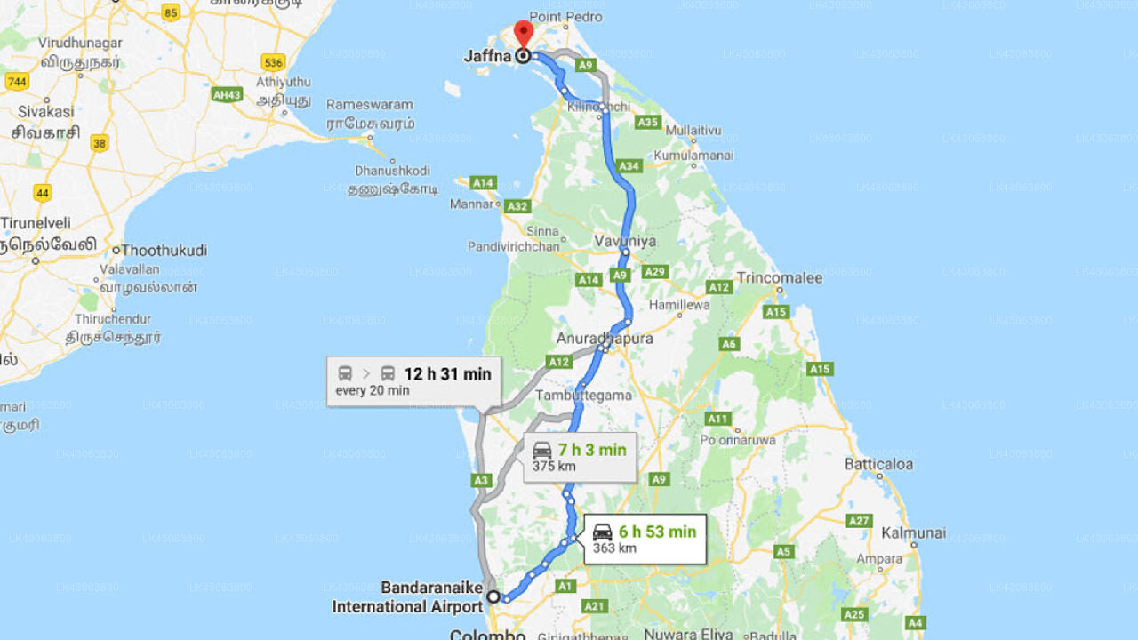 Transfer between Colombo Airport (CMB) and Blue Haven, Jaffna