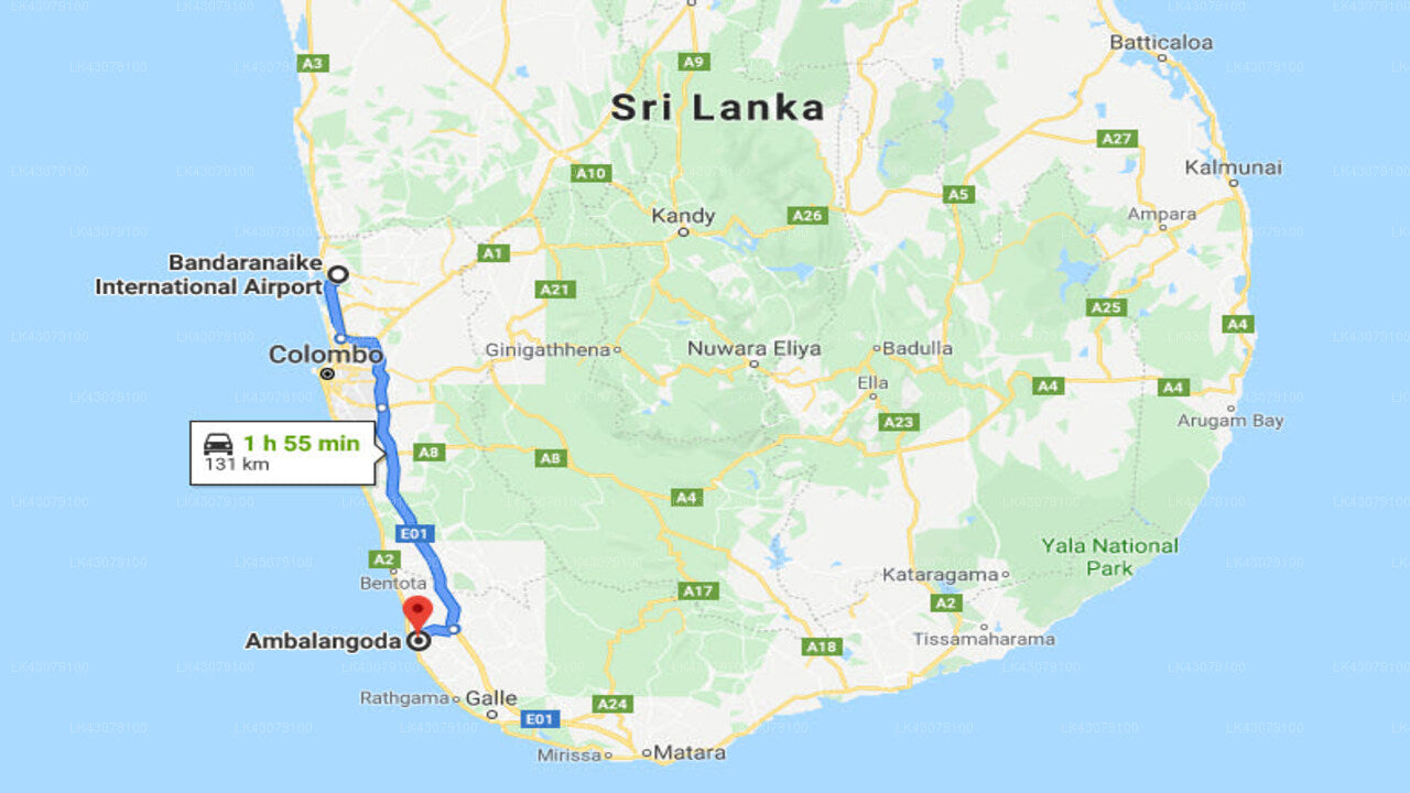 Transfer between Colombo Airport (CMB) and Piya Nivasa Guesthouse, Ambalangoda