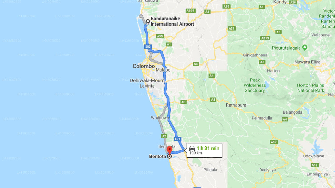 Transfer between Colombo Airport (CMB) and Panchi Villa, Bentota