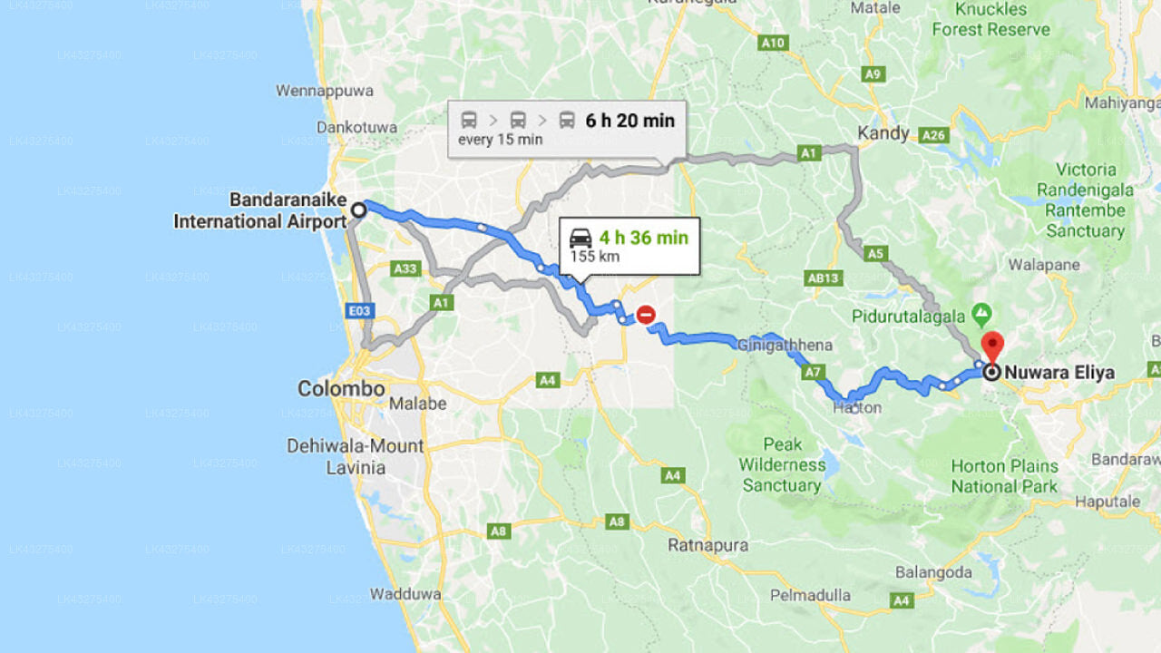 Transfer between Colombo Airport (CMB) and Tong Fu Hotel, Nuwara Eliya