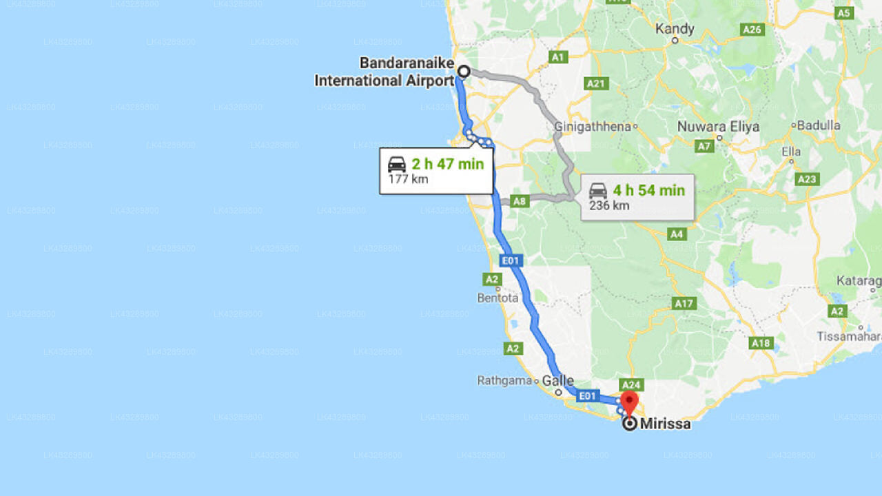 Transfer between Colombo Airport (CMB) and Sri Sharavi Beach Villas, Mirissa